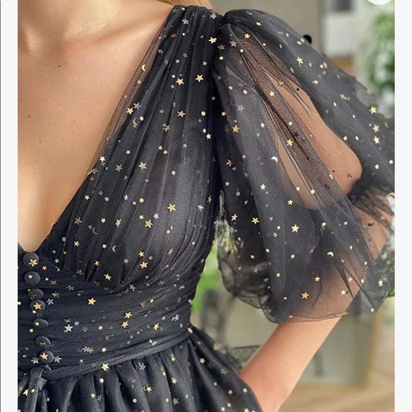 Star and Moon Black Tulle MIDI Dress with Pockets - Picture 2 of 3